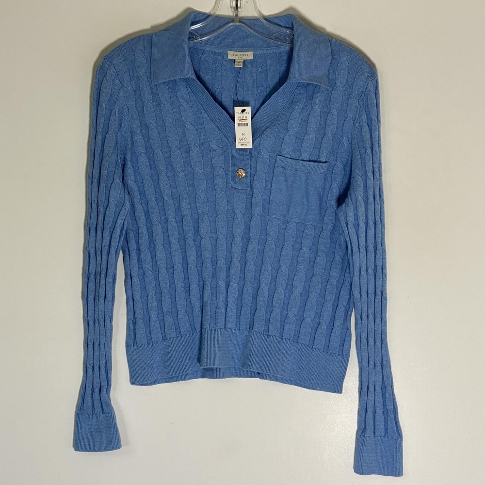 Talbots Sweater Womens Medium Blue Collared Cable Knit Pocket 100% Cotton Top